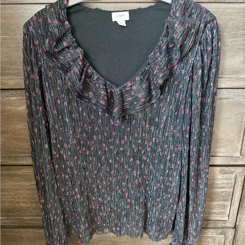 J. Crew Black Ruffled Blouse with V-Neckline